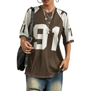 Women's Oversized Football Jersey Mesh Short Sleeve Tee Top Brown